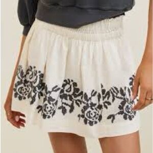 Aerie Linen Blend Embroidered Skirt - Cream and Black
